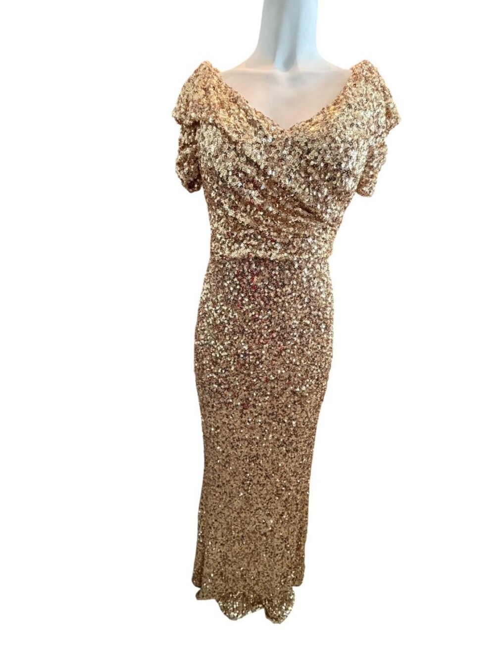 Gold Sequin Maxi Gown With Off-Shoulder Design & Short Sleeves Size 8 Polyester